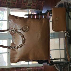 💘2PC💘MICHAEL KORS CHAIN LEATHER HANDBAG SATCHEL TOTE WRISTLET WALLET PURSE BAG